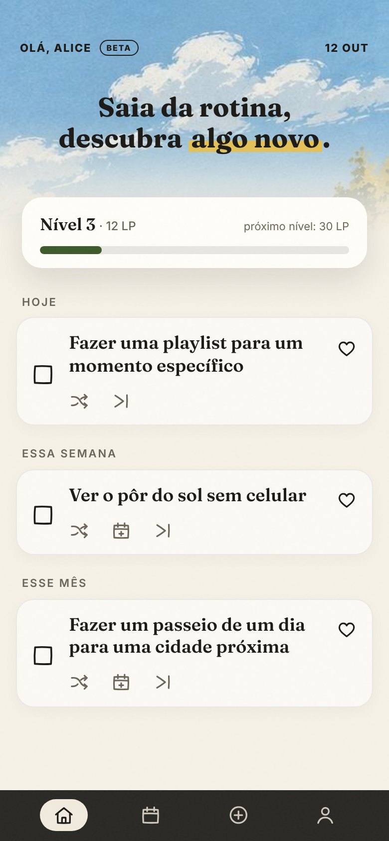 Tela inicial do Dare Days: fazer uma playlist, ver o pôr do sol sem celular e passear por uma cidade próxima
