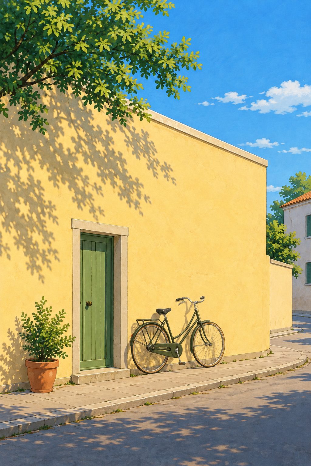 Bicicleta encostada num muro amarelo numa rua tranquila